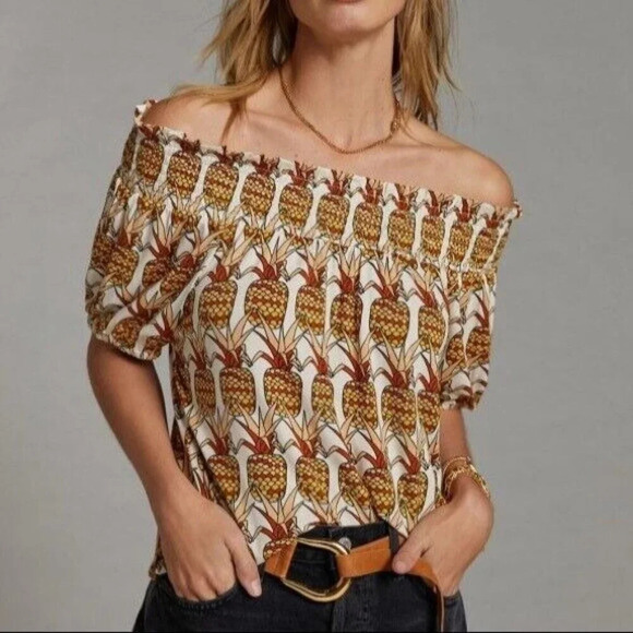 Anthropologie Porridge NWT Pineapple Off‎ Shoulder Bow Back Top Size XS - Picture 2 of 9